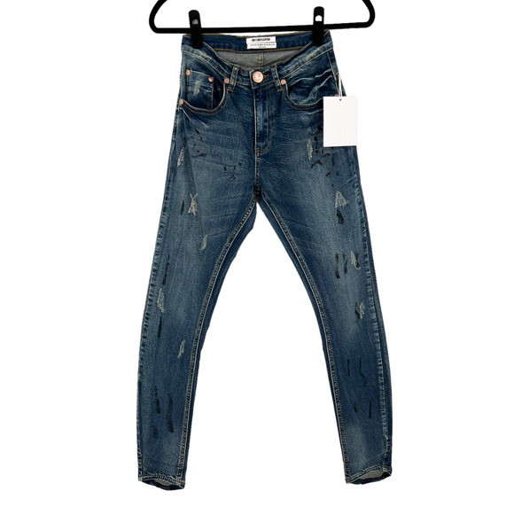 One Teaspoon Scallywags Jeans High Rise Painted Blue Marine Wash Denim - Picture 3 of 14